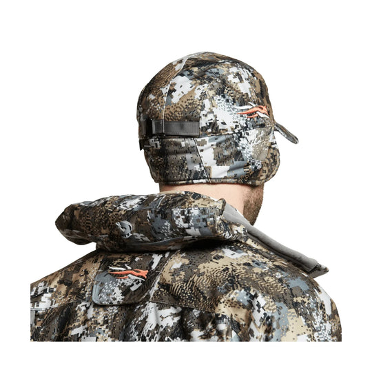 Camo insulated jacket with matching hooded face mask, shown from the back