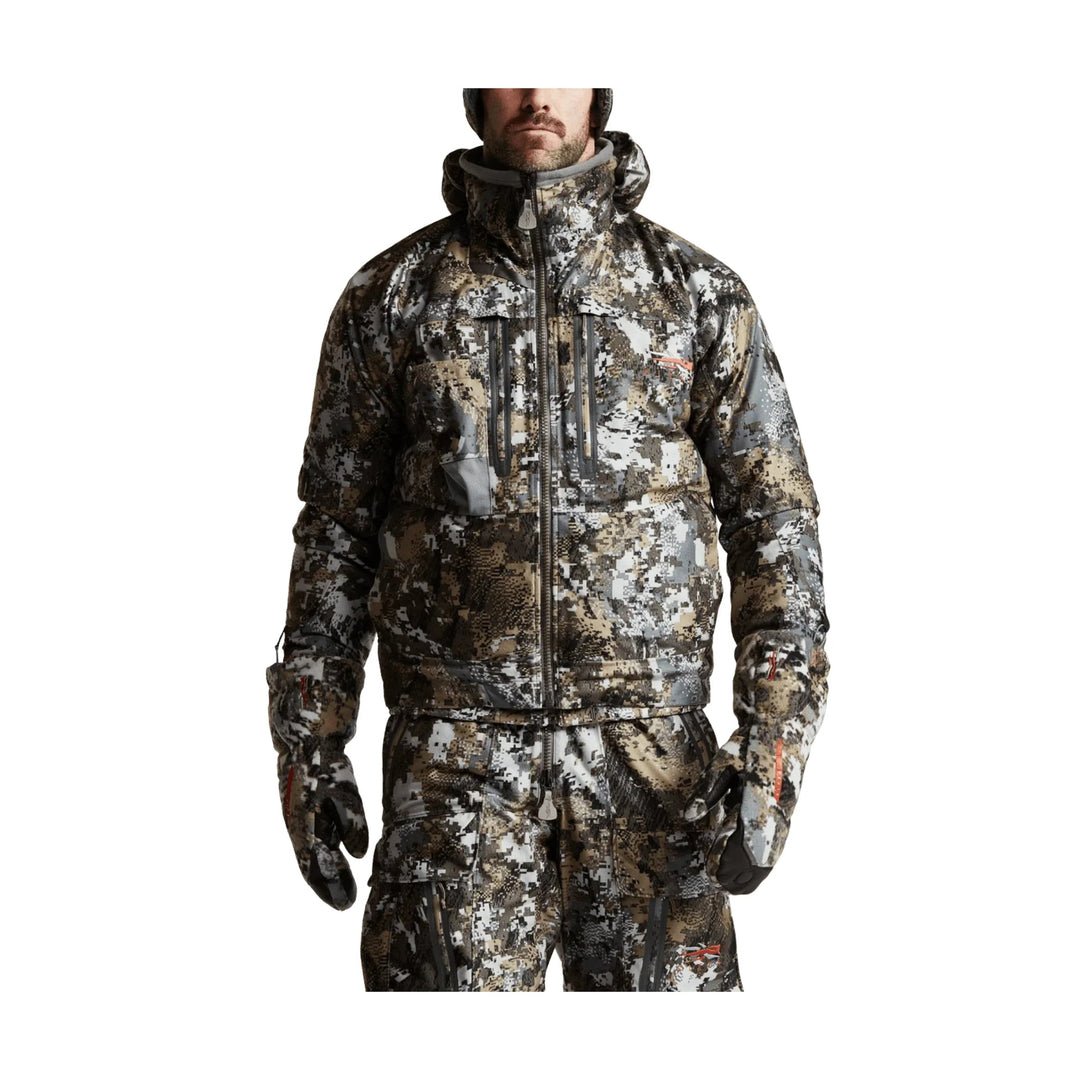 Hooded camouflage insulated jacket with front zip, chest pockets, and gloves