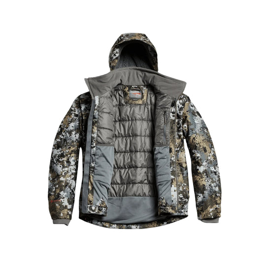 Camouflage hooded insulated jacket shown open to reveal gray quilted lining and interior pockets