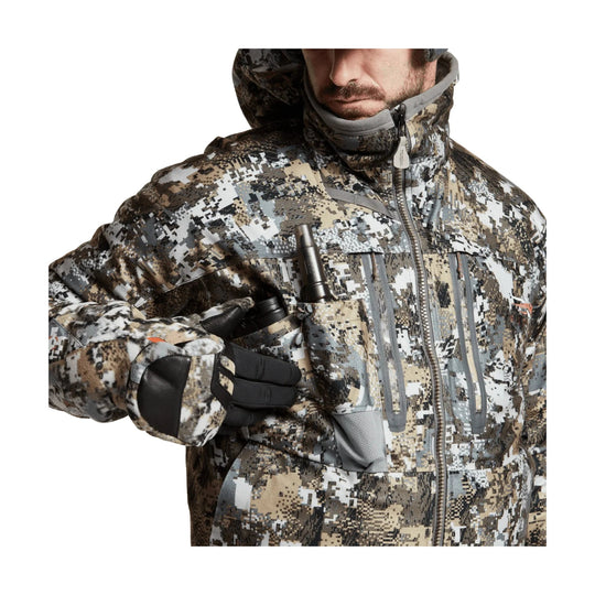 Camouflage insulated hooded jacket with zippered chest and hand pockets