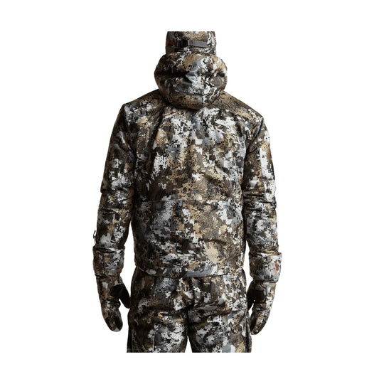Camouflage hooded jacket shown from the back with matching gloves and pants