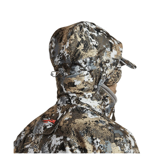 Camouflage hooded jacket shown from the back and side with a high collar and brimmed hood