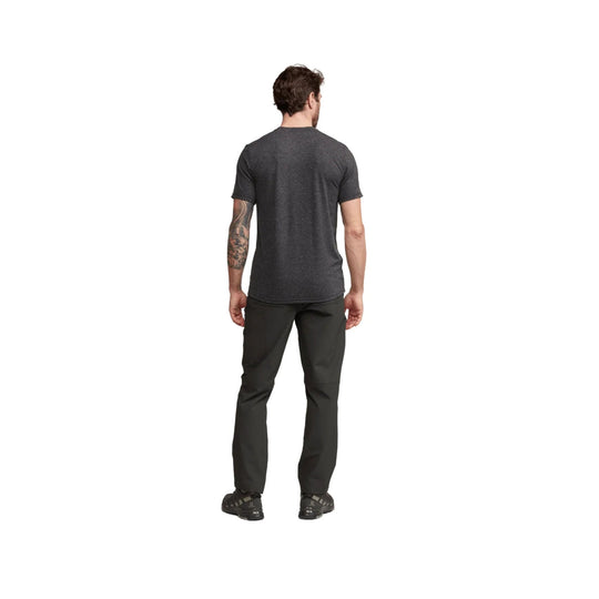 Men's dark gray T-shirt with black pants, shown from the back