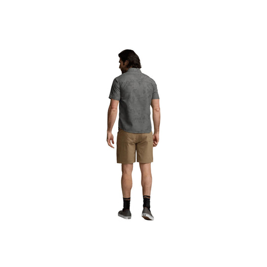 Gray short-sleeve button-up shirt shown on a model from the back