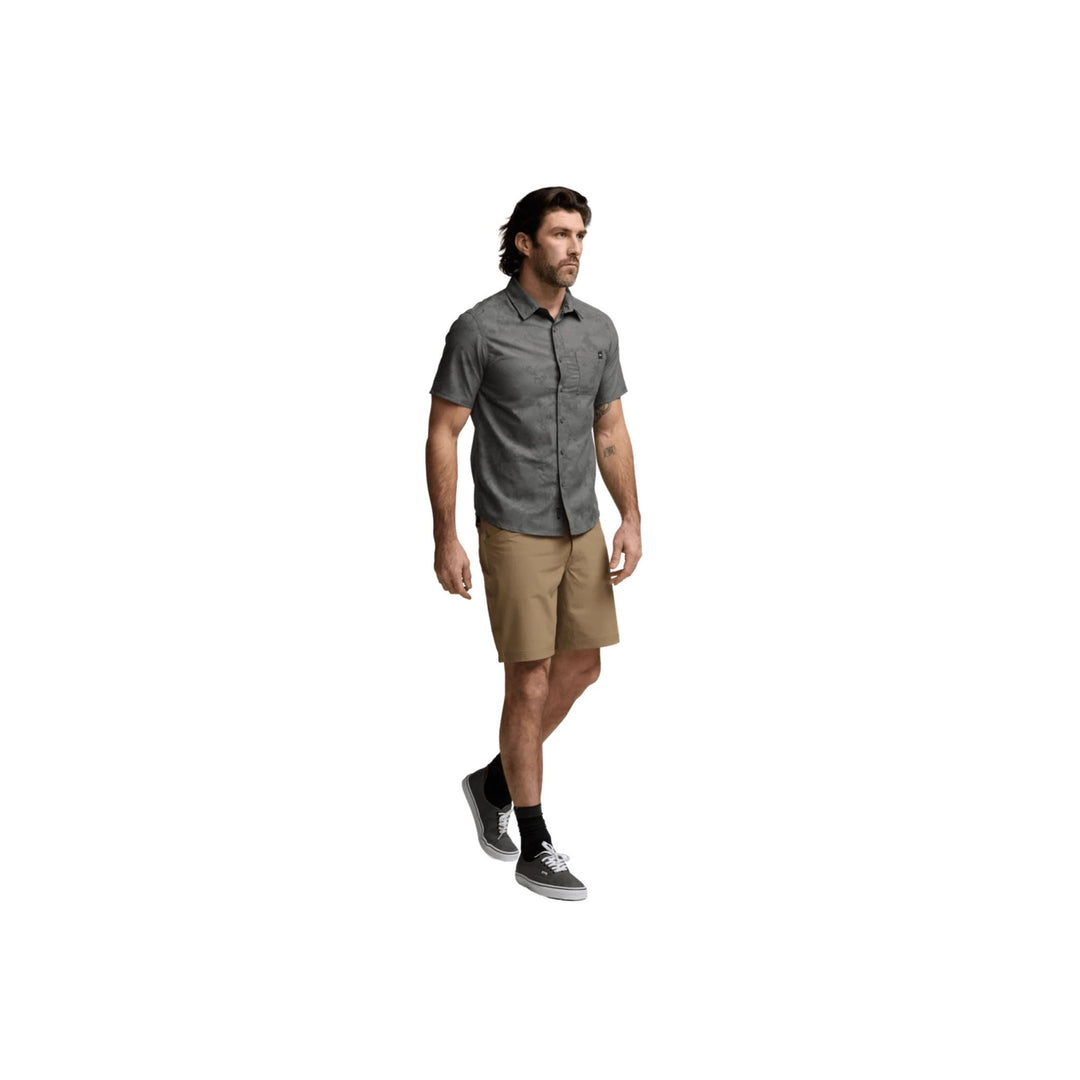 Gray short-sleeve button-up shirt with a chest pocket and subtle camo pattern
