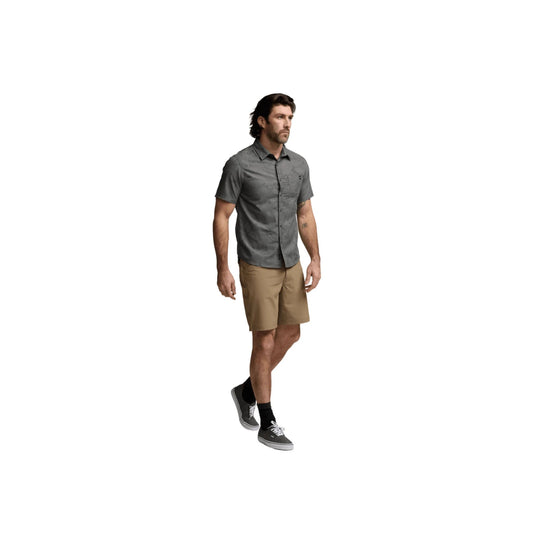 Gray short-sleeve button-up shirt with a chest pocket and subtle camo pattern