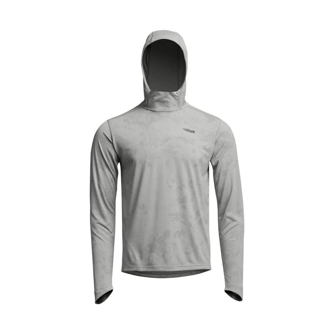 Light gray hooded long-sleeve sun shirt with a face-covering hood and small chest logo