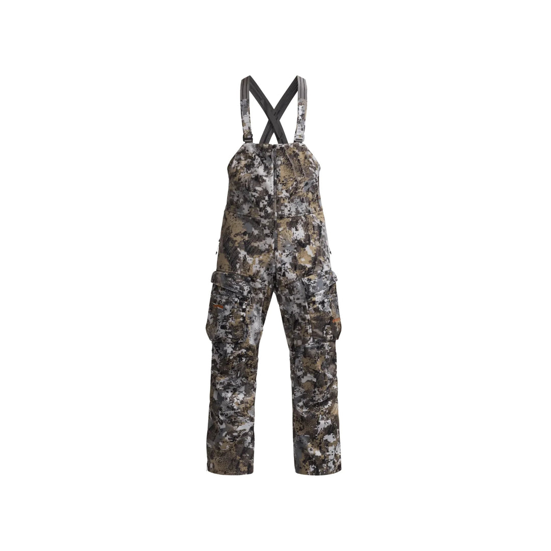 Camouflage hunting bib overalls with suspenders and cargo pockets