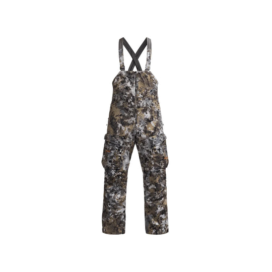 Camouflage hunting bib overalls with suspenders and cargo pockets