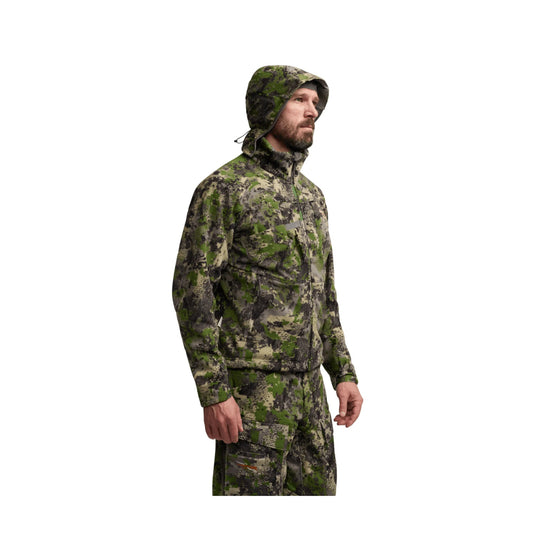 Camouflage hooded jacket with front zipper, chest pocket, and matching camo pants