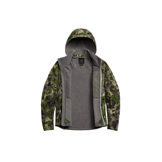 Camo hooded zip-up jacket with gray fleece lining and black trim, shown open