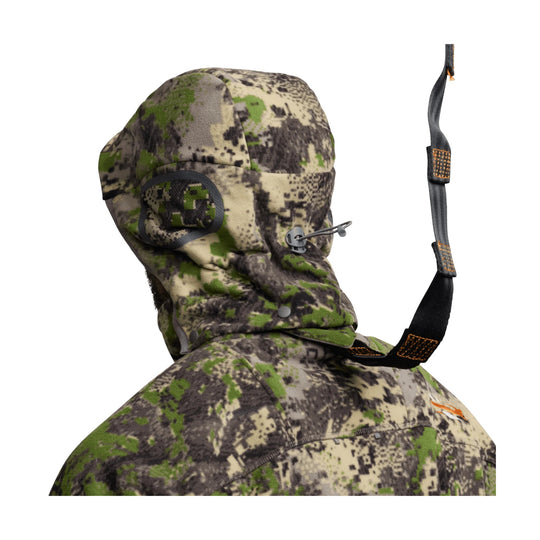 Camouflage hooded jacket with a high collar and adjustable face cover