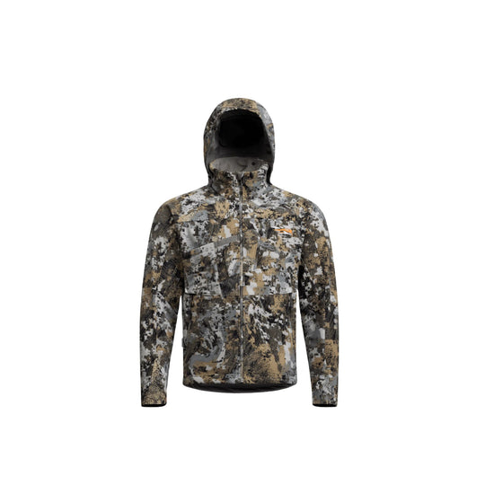 Camouflage hooded zip-up jacket with chest pocket and orange logo