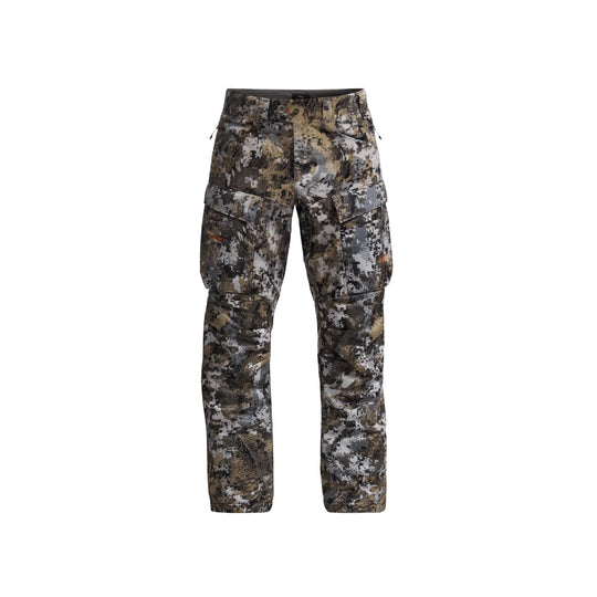 Camouflage cargo pants with zippered pockets and articulated knees