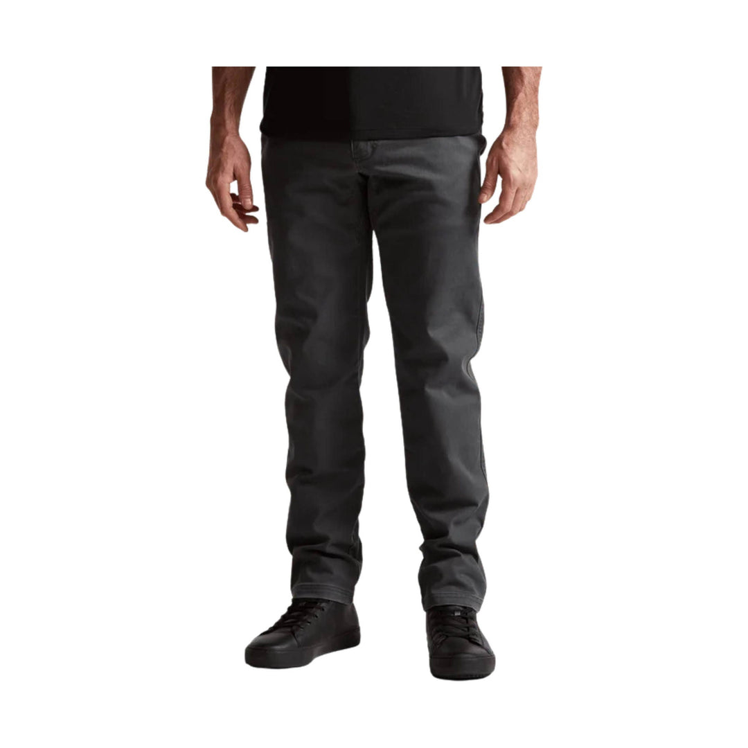 Dark gray straight-leg pants shown on a model from waist to shoes