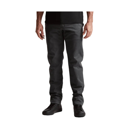 Dark gray straight-leg pants shown on a model from waist to shoes