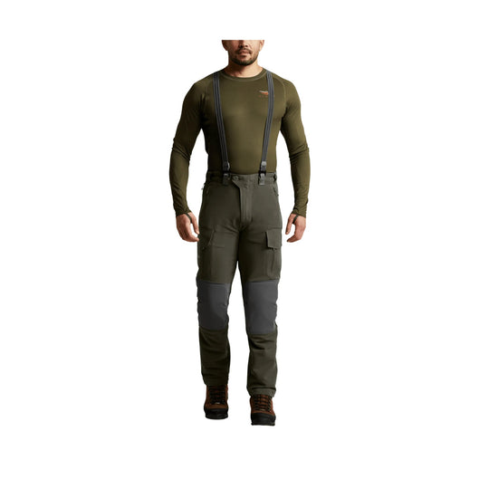 Olive outdoor pants with suspenders, cargo pockets, and reinforced knee panels