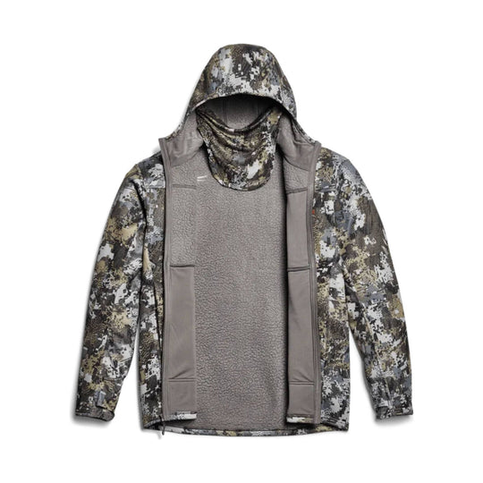 Camouflage hooded jacket with a gray sherpa-lined front, zipper closure, and face covering