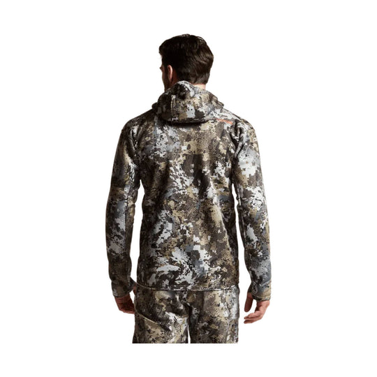 Men's camouflage hooded pullover seen from the back