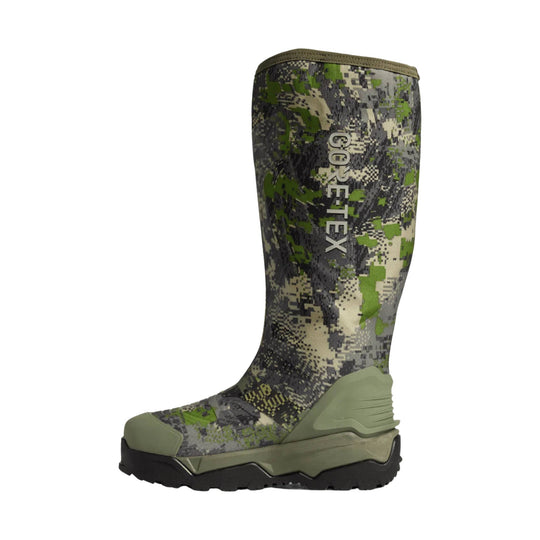 Tall camouflage waterproof boot with black treaded sole and olive green toe and heel accents