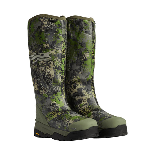 Camouflage knee-high rubber hunting boots with black soles and olive toe caps