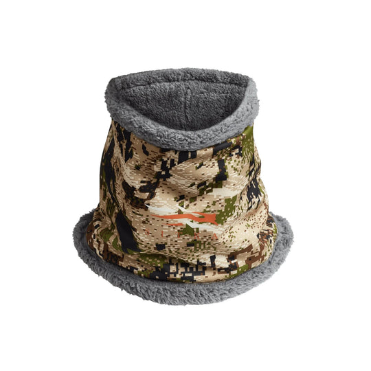 Camouflage fleece neck gaiter with gray sherpa trim