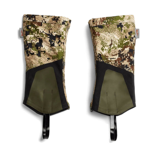 Camouflage gaiters with black lower panels and hanging straps, shown front and back on a white background.