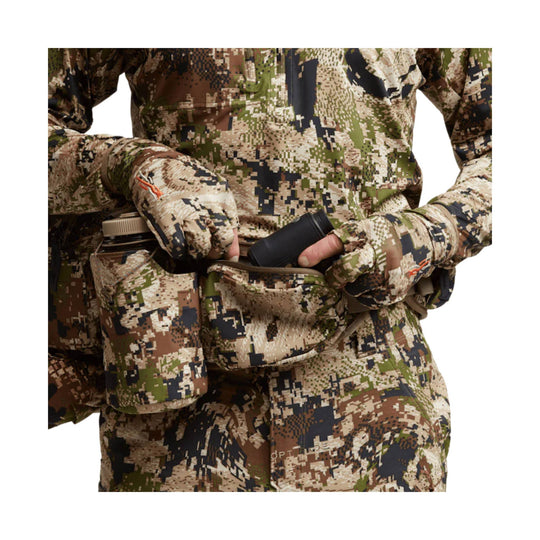Camouflage hunting belt with multiple utility pouches and a front zip pocket