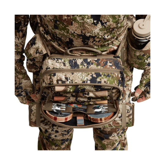 Camouflage tool belt with multiple zippered pockets and a front storage pouch
