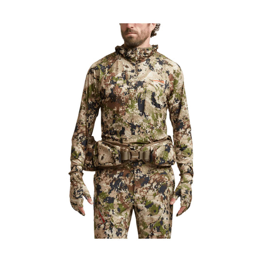 Camouflage long-sleeve hooded top with matching pants, gloves, and waist belt pouch