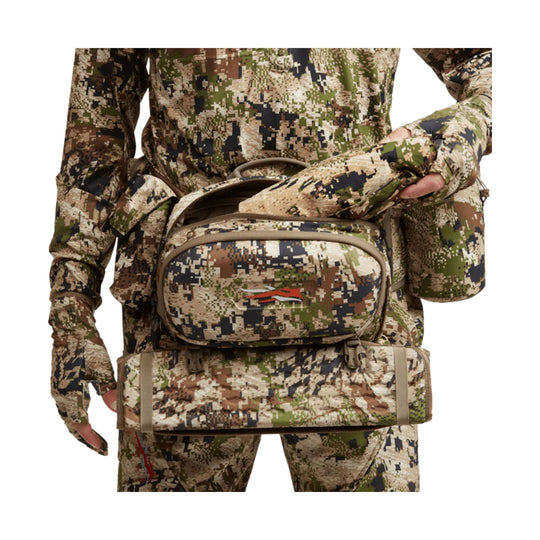Camouflage turkey vest with front zip pocket and attached side pouches