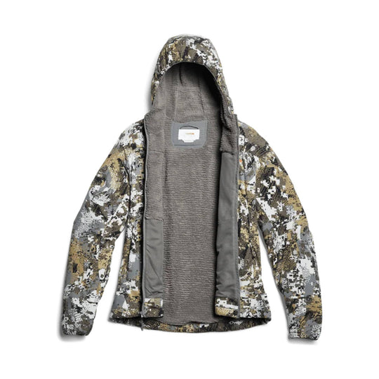 Camouflage hooded jacket with gray fleece lining and full-zip front