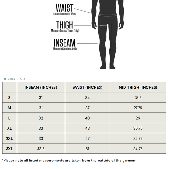 Measurement guide for apparel showing a black silhouette of a human body with labeled waist, thigh, and inseam lines, plus a sizing table below with inches and centimeters for S through 3XL sizes.