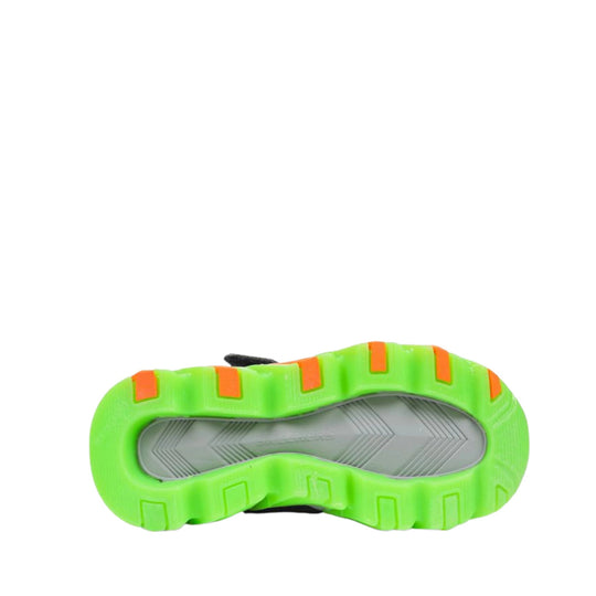 Neon green shoe sole with orange tread accents and a gray center insert, shown from below.