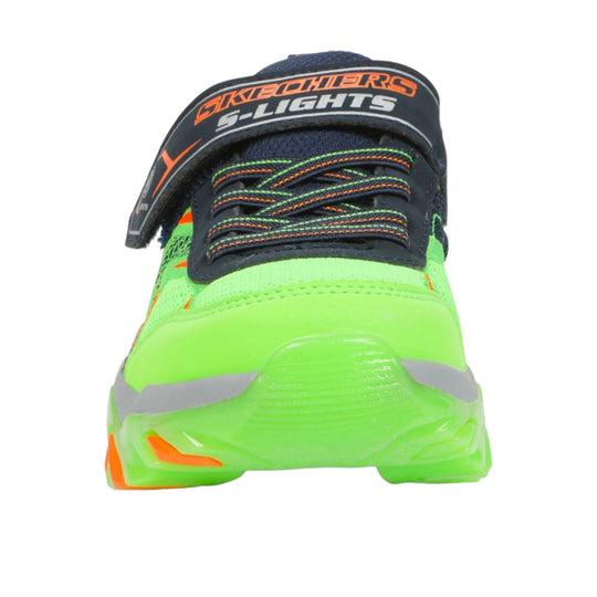Neon green and navy kids' sneaker with elastic laces and a light-up sole