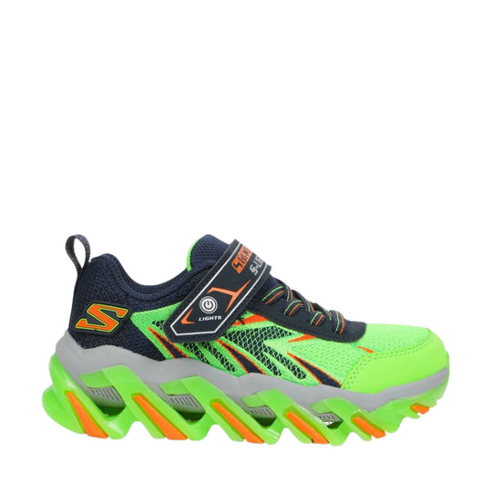 Lime green and navy kids' athletic sneaker with orange accents, side view, featuring a Velcro strap and bright sole