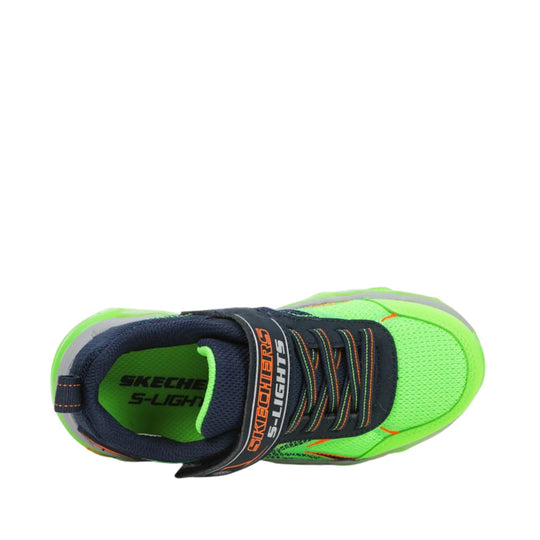 Neon green and navy kids' sneaker with bungee laces and S-LIGHTS strap