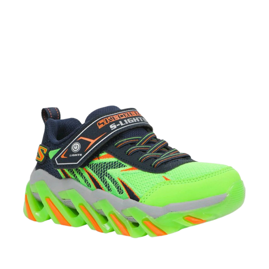 Kids navy and neon green sneaker with a velcro strap, mesh upper, and chunky light-up sole