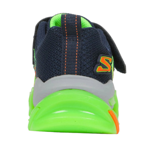 Back view of a navy and neon green kids' sneaker with orange stitching and a bright green heel cup
