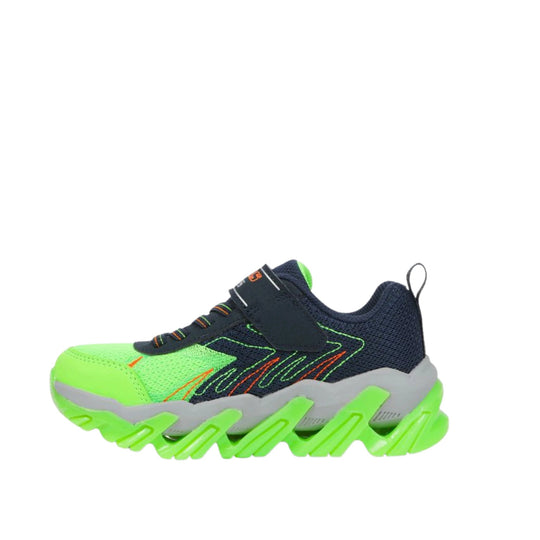 Kids' navy and neon green sneaker with elastic laces, Velcro strap, and bright lime zigzag sole