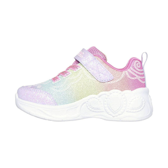 Pastel rainbow kids' sneaker with glittery pink-and-lavender details, hook-and-loop strap, and thick white sole