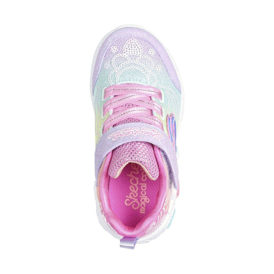 Pastel pink, lavender, and mint kids' sneaker with glittery mesh, floral details, and a hook-and-loop strap