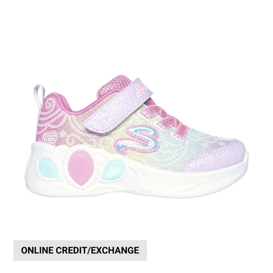Pastel pink and lavender kids sneaker with strap, rainbow side logo, and thick white sole
