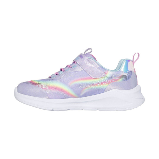 Lavender low-top sneaker with rainbow iridescent accents and a thick white sole