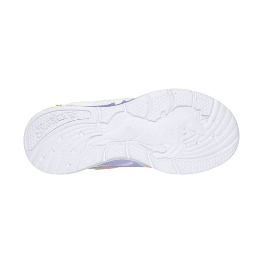 White shoe outsole with embossed unicorn graphic and Skechers logo