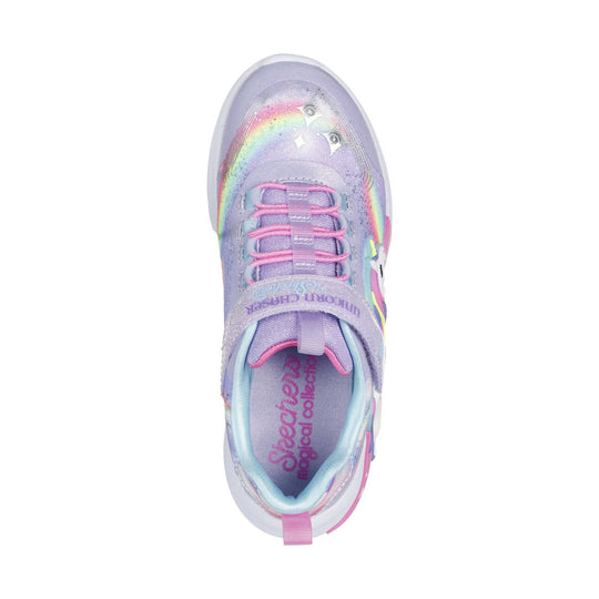 Lavender kids sneaker with rainbow accents, pink bungee laces, and a hook-and-loop strap