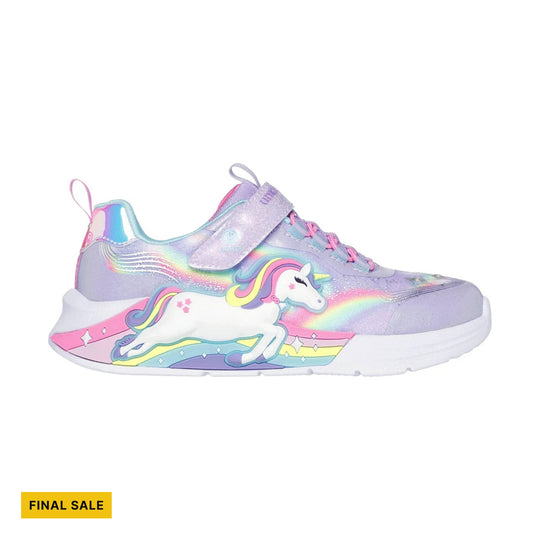 Lavender kids sneaker with rainbow unicorn graphic and a yellow FINAL SALE label