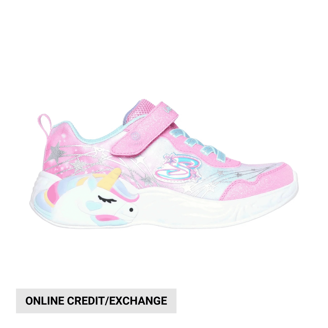 Pink and turquoise kids' sneaker with unicorn graphic, star accents, and hook-and-loop strap