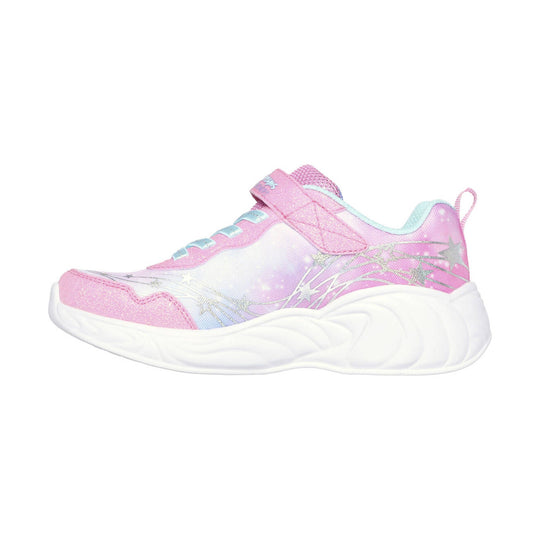 Pink and white kids sneaker with glitter accents, star graphics, and a chunky white sole
