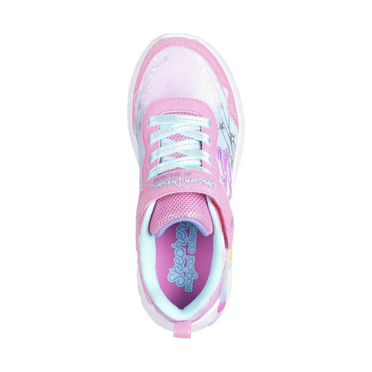 Pink and light blue kids sneaker with elastic laces, unicorn graphics, and a hook-and-loop strap.
